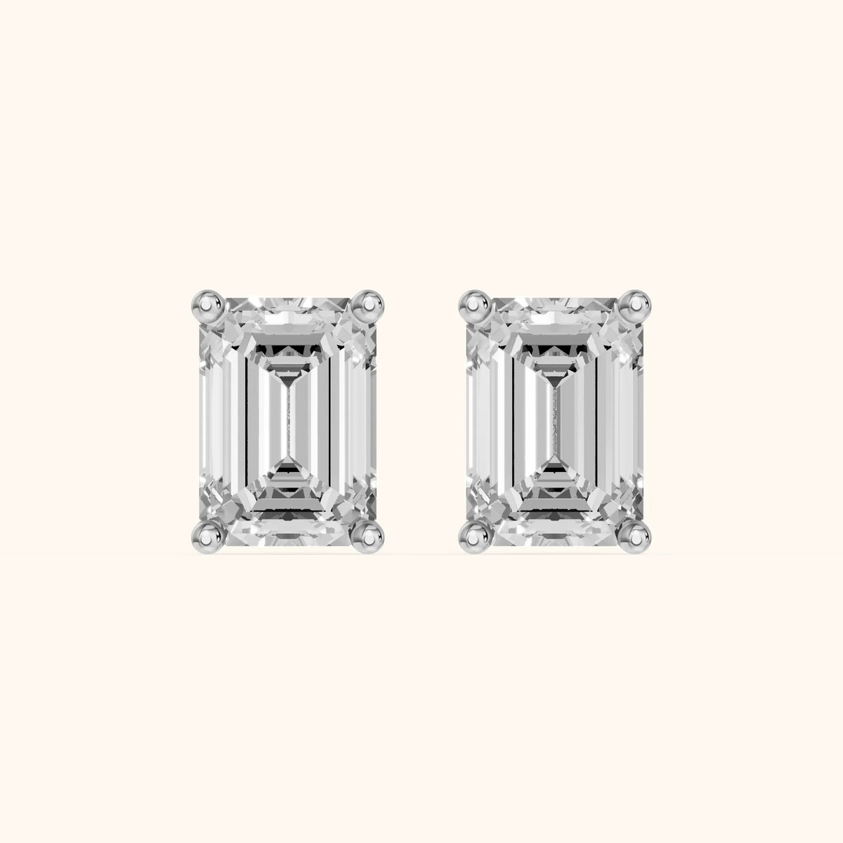 Four Prong Emerald Diamond Stud Earrings in Silver - 3D view 2
