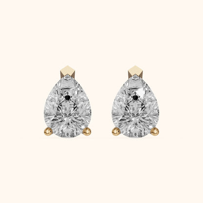 Four Prong Pear Diamond Stud Earrings in Yellow Gold - 3D view 2