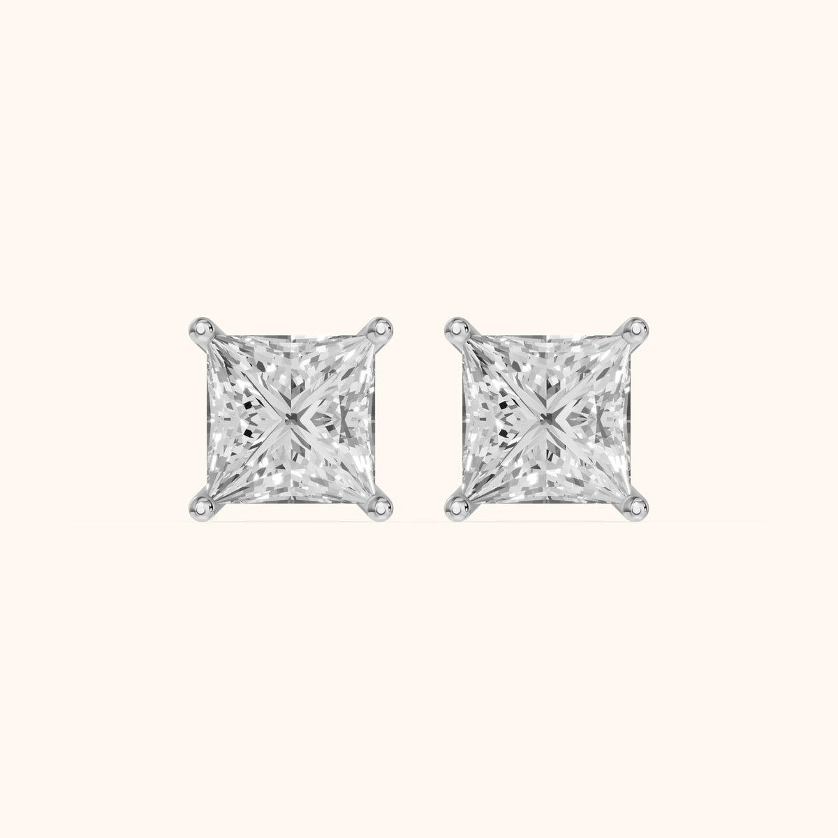 Four Prong Princess Diamond Stud Earrings in White Gold - 3D view 2