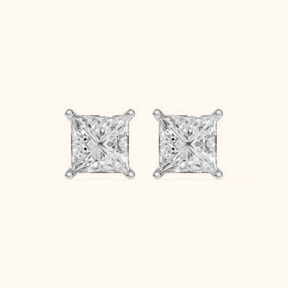 Four Prong Princess Diamond Stud Earrings in White Gold - 3D view 2