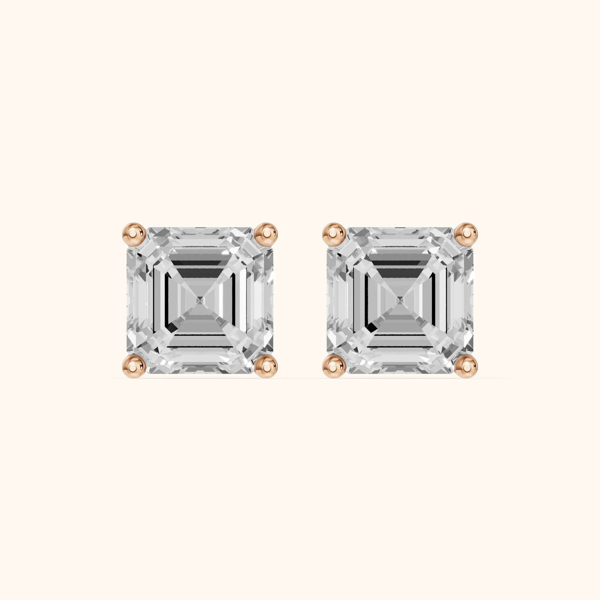 Four Prong Asscher Diamond Stud Earrings in Rose Gold - 3D view 2