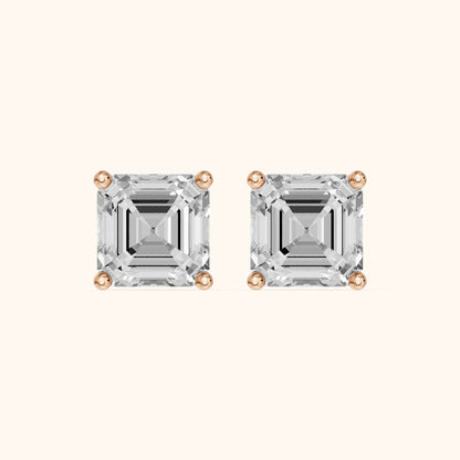 Four Prong Asscher Diamond Stud Earrings in Rose Gold - 3D view 2