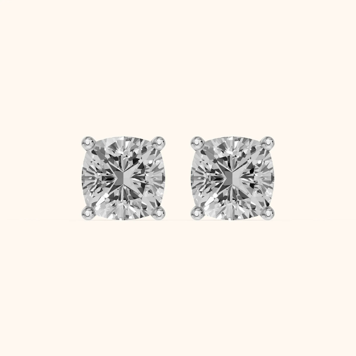 Four Prong Cushion Diamond Stud Earrings in White Gold - 3D view 2