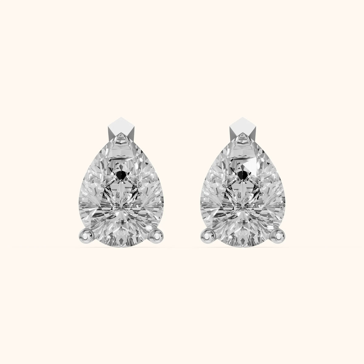 Four Prong Pear Diamond Stud Earrings in Silver - 3D view 2