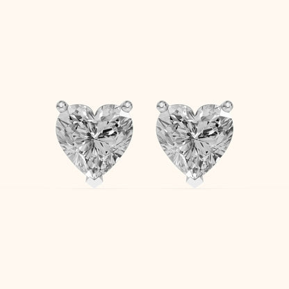 Four Prong Heart Diamond Stud Earrings in White Gold - 3D view 2