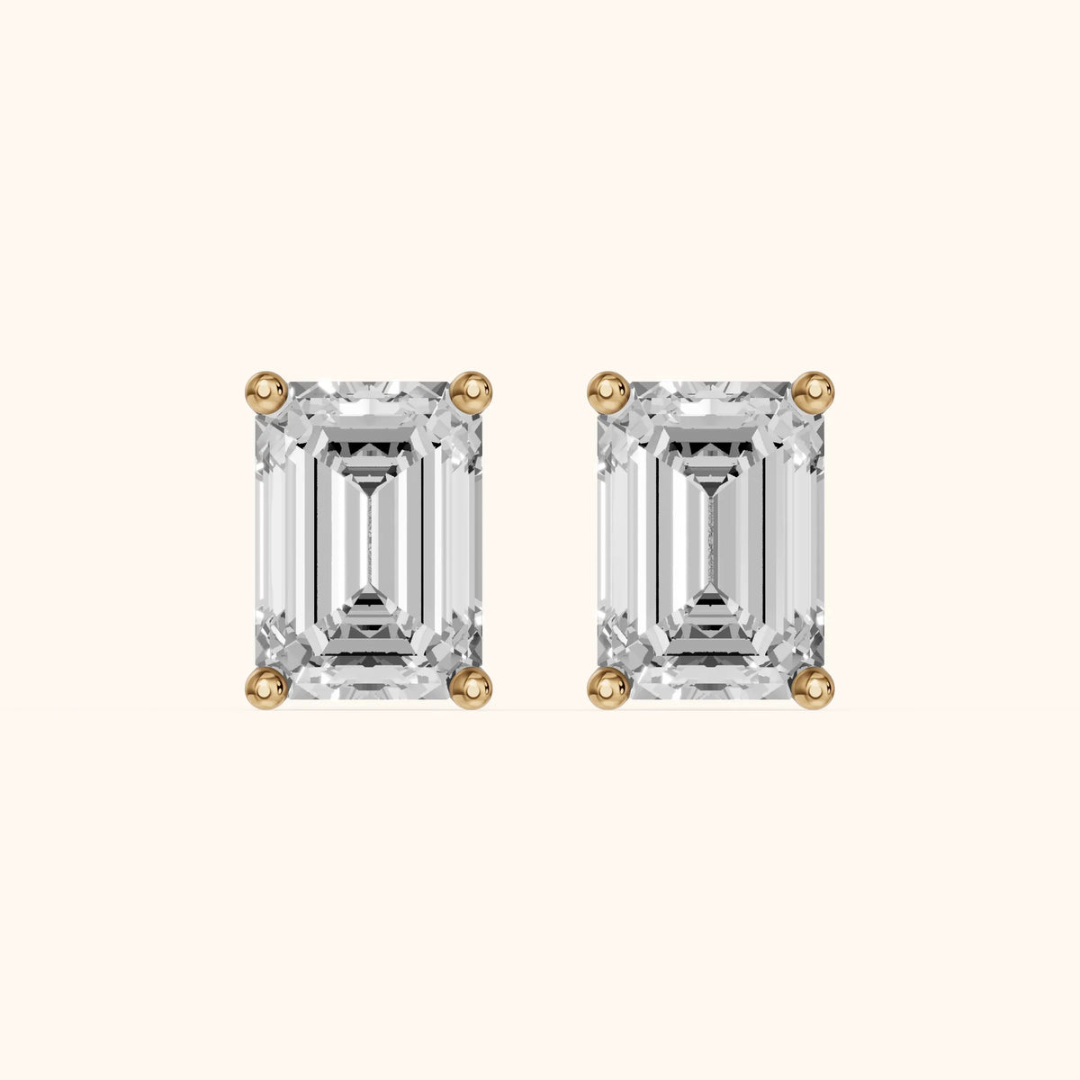 Four Prong Emerald Diamond Stud Earrings in Yellow Gold - 3D view 2