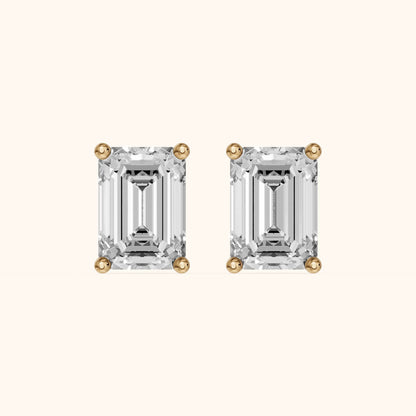 Four Prong Emerald Diamond Stud Earrings in Yellow Gold - 3D view 2