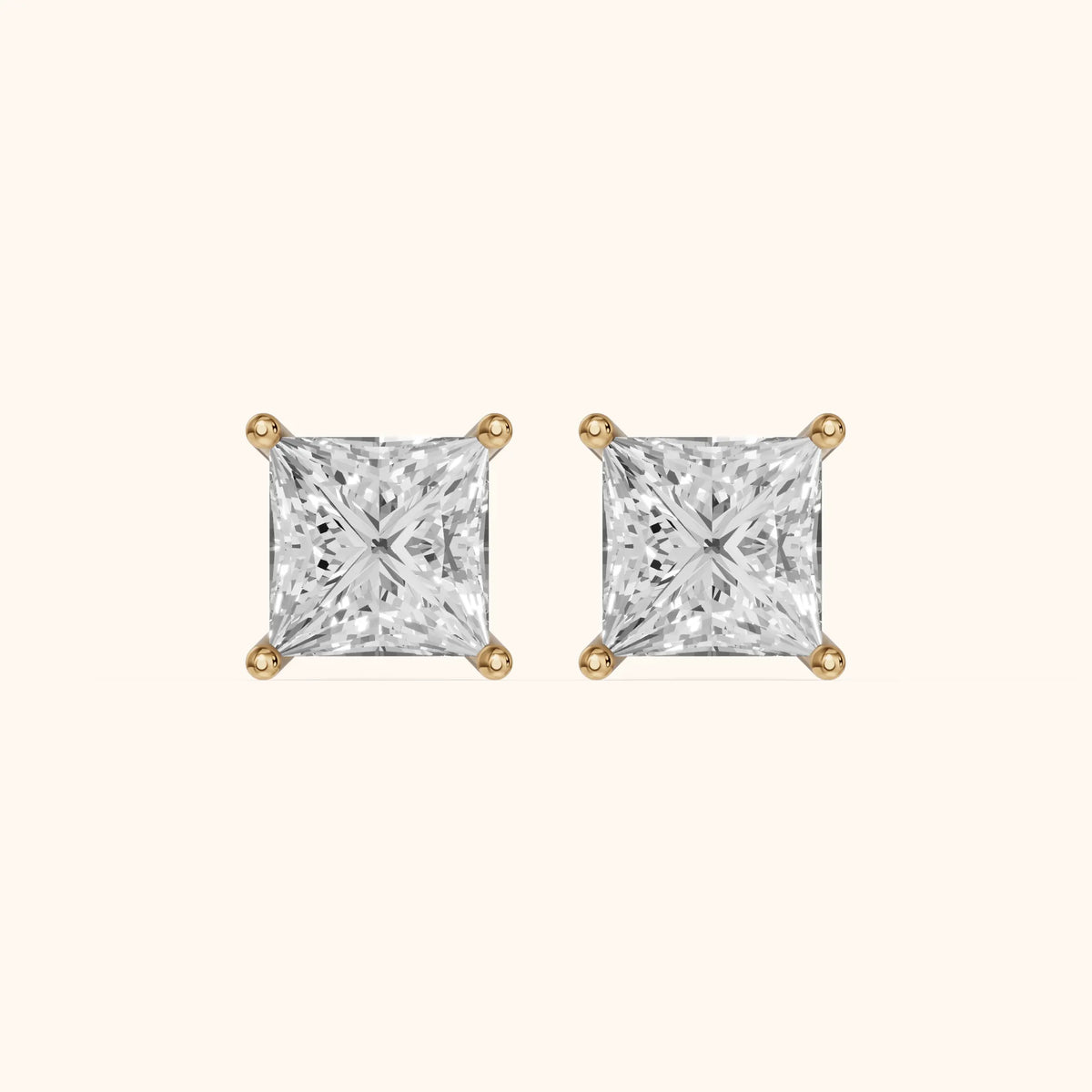 Four Prong Princess Diamond Stud Earrings in Yellow Gold - 3D view 2