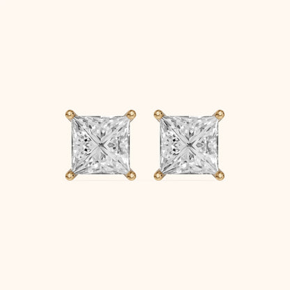 Four Prong Princess Diamond Stud Earrings in Yellow Gold - 3D view 2
