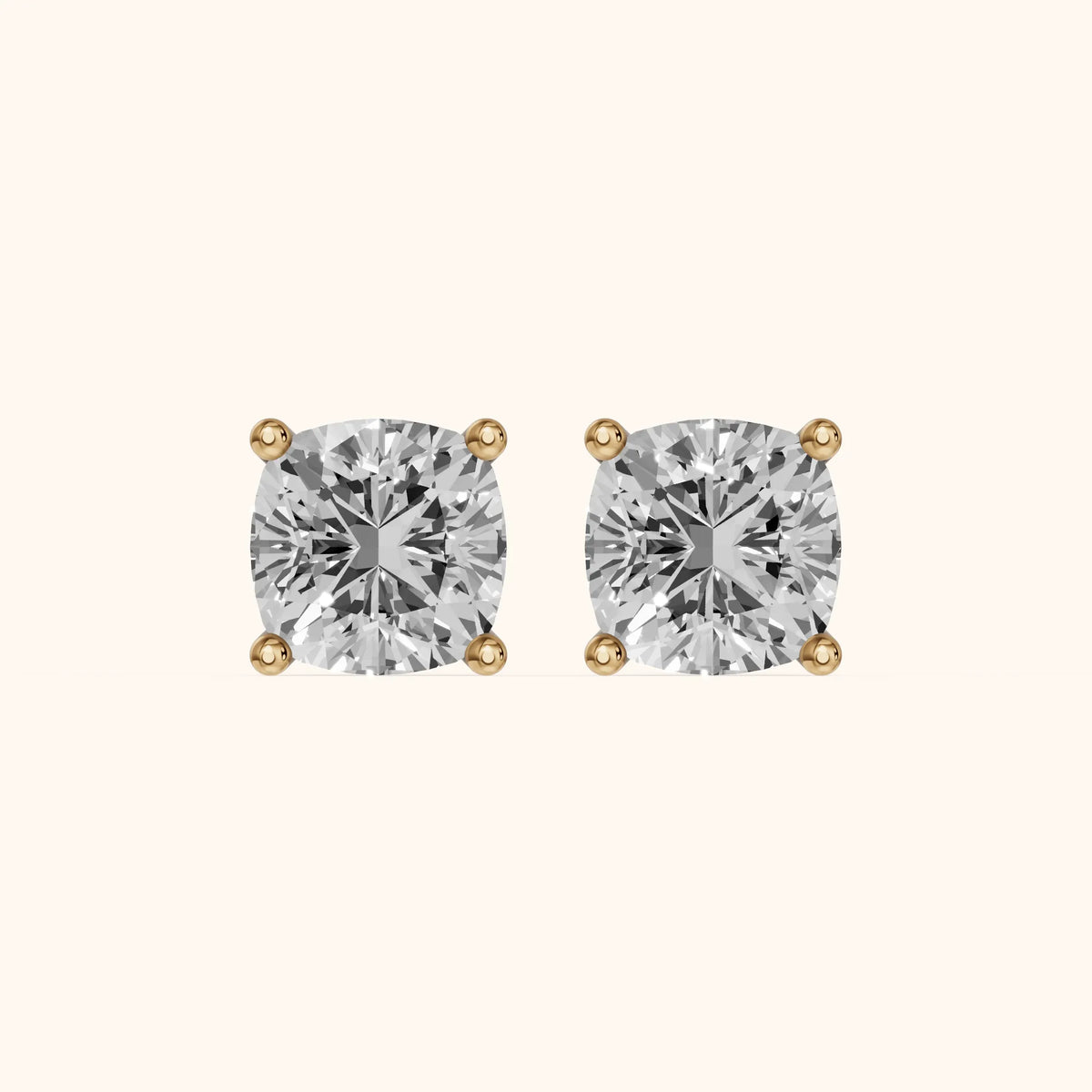 Four Prong Cushion Diamond Stud Earrings in Yellow Gold - 3D view 2