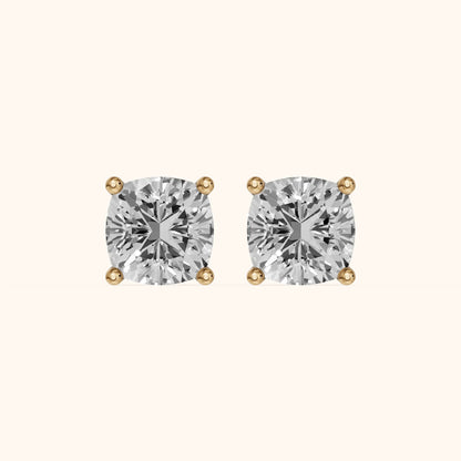 Four Prong Cushion Diamond Stud Earrings in Yellow Gold - 3D view 2