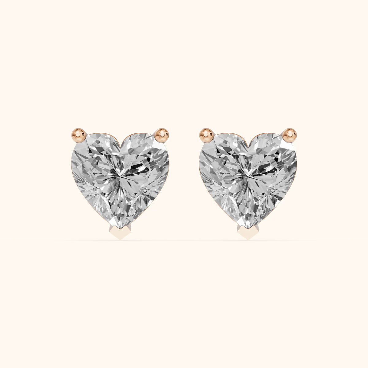 Four Prong Heart Diamond Stud Earrings in Rose Gold - 3D view 2