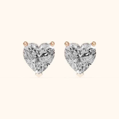 Four Prong Heart Diamond Stud Earrings in Rose Gold - 3D view 2