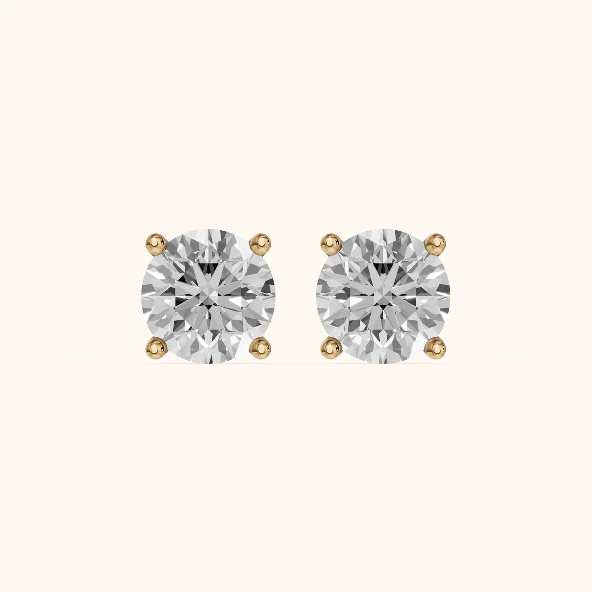Four Prong Round Diamond Stud Earrings in Yellow Gold - 3D view 2