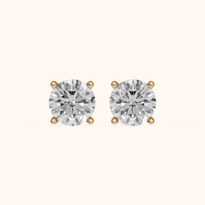 Four Prong Round Diamond Stud Earrings in Yellow Gold - 3D view 2