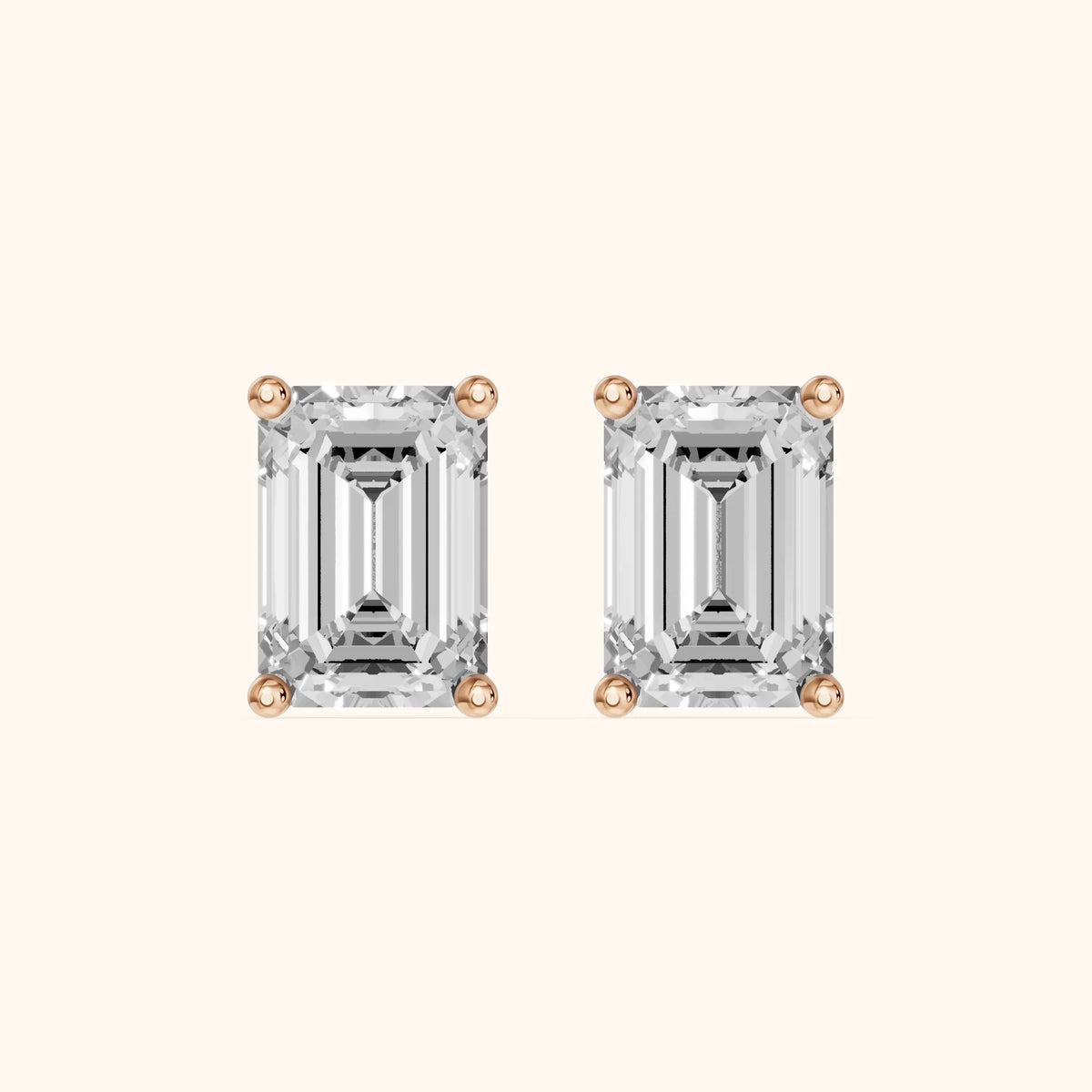 Four Prong Emerald Diamond Stud Earrings in Rose Gold - 3D view 2