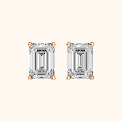 Four Prong Emerald Diamond Stud Earrings in Rose Gold - 3D view 2