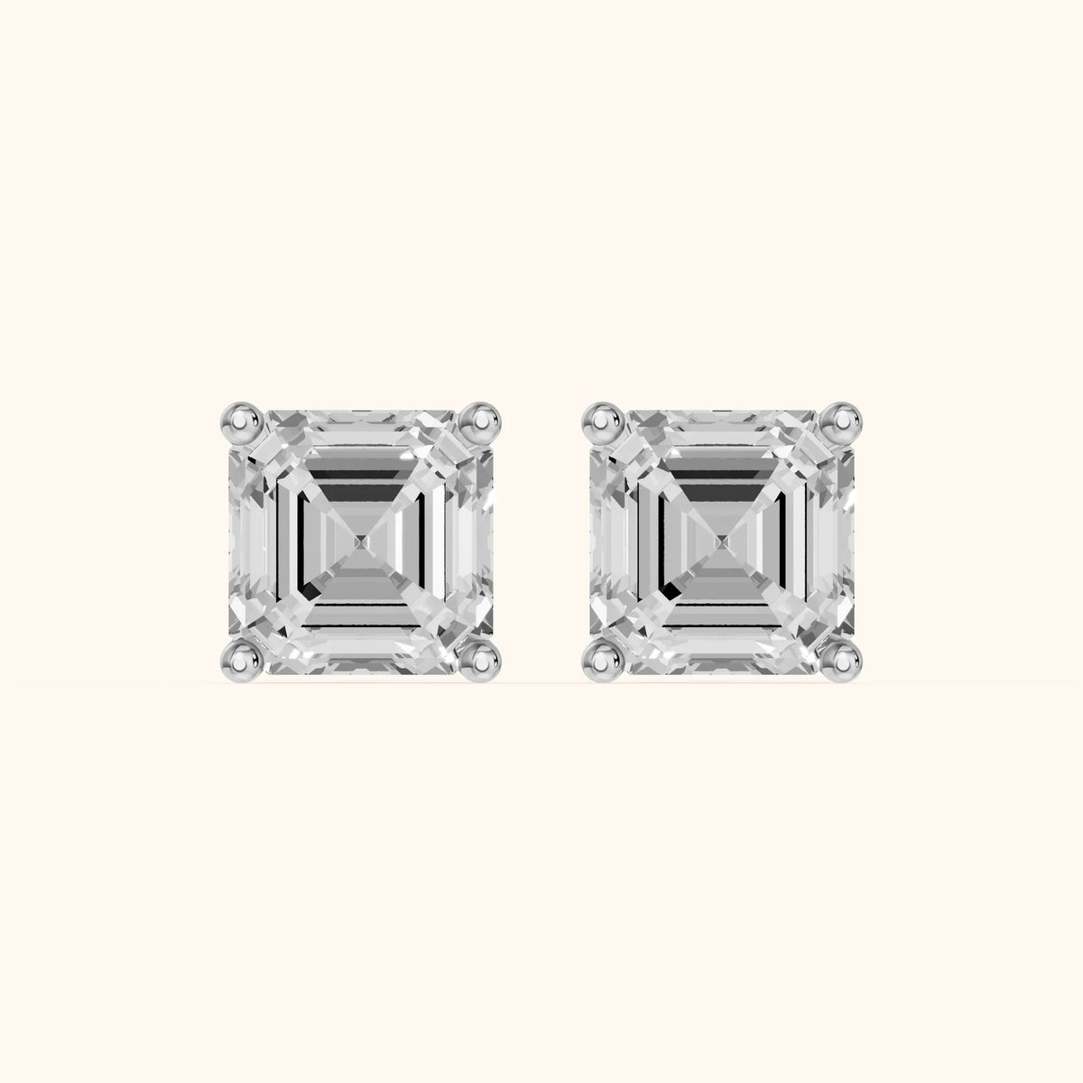 Four Prong Asscher Diamond Stud Earrings in Silver - 3D view 2
