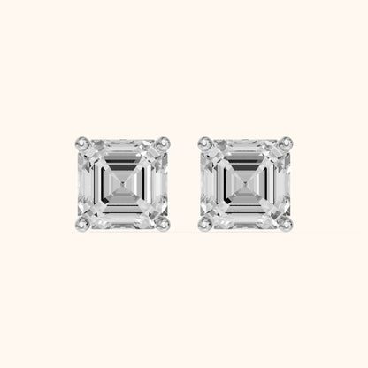 Four Prong Asscher Diamond Stud Earrings in Silver - 3D view 2