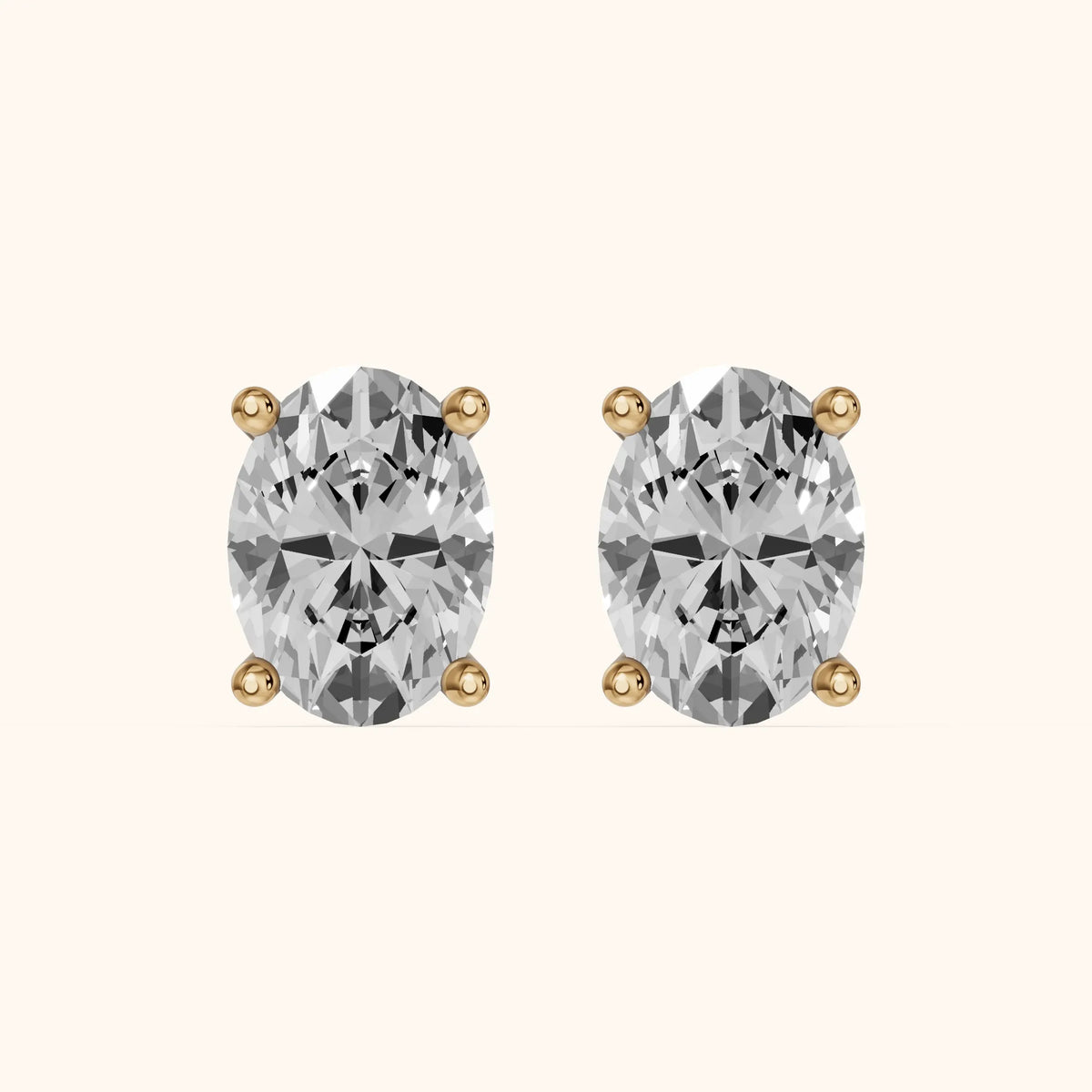 Four Prong Oval Diamond Stud Earrings in Yellow Gold - 3D view 2