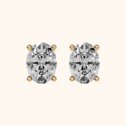 Four Prong Oval Diamond Stud Earrings in Yellow Gold - 3D view 2