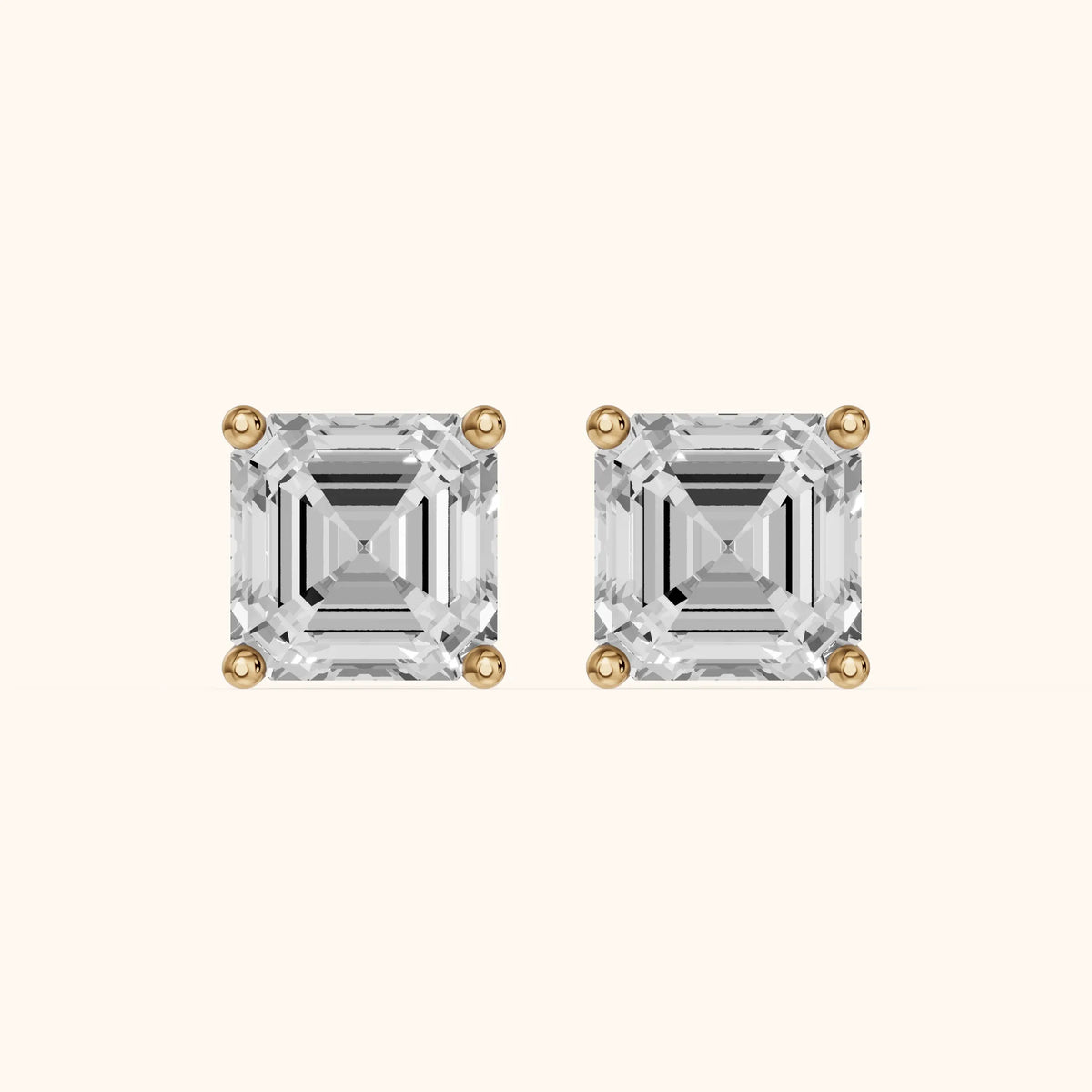 Four Prong Asscher Diamond Stud Earrings in Yellow Gold - 3D view 2
