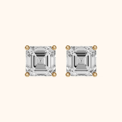 Four Prong Asscher Diamond Stud Earrings in Yellow Gold - 3D view 2