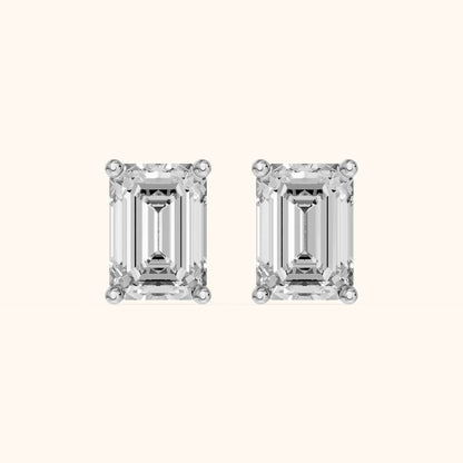 Four Prong Emerald Diamond Stud Earrings in White Gold - 3D view 2