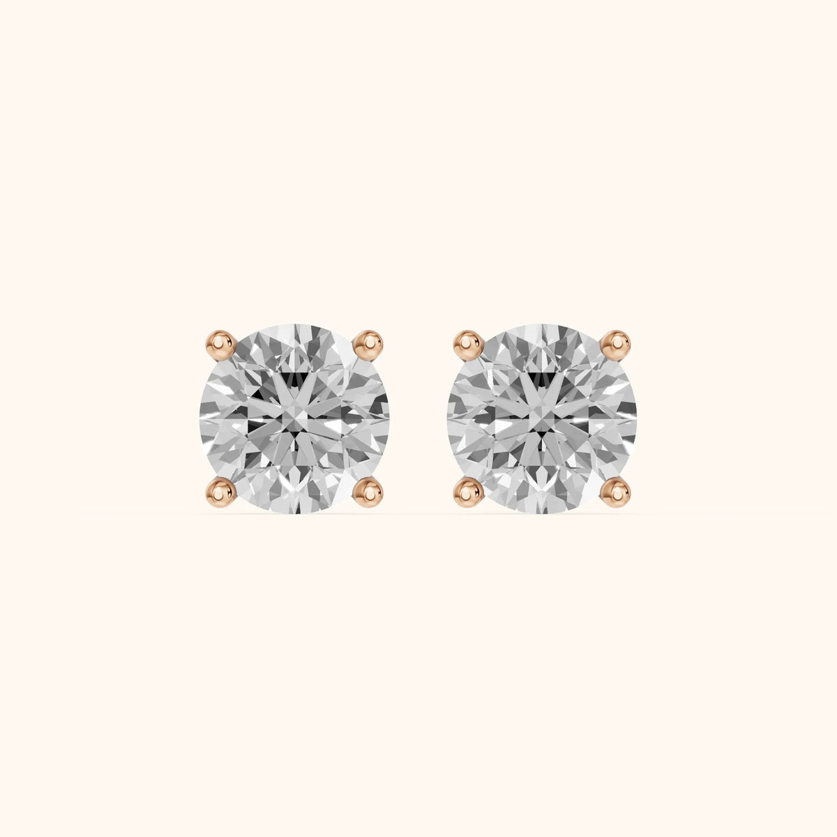 Four Prong Round Diamond Stud Earrings in Rose Gold - 3D view 2