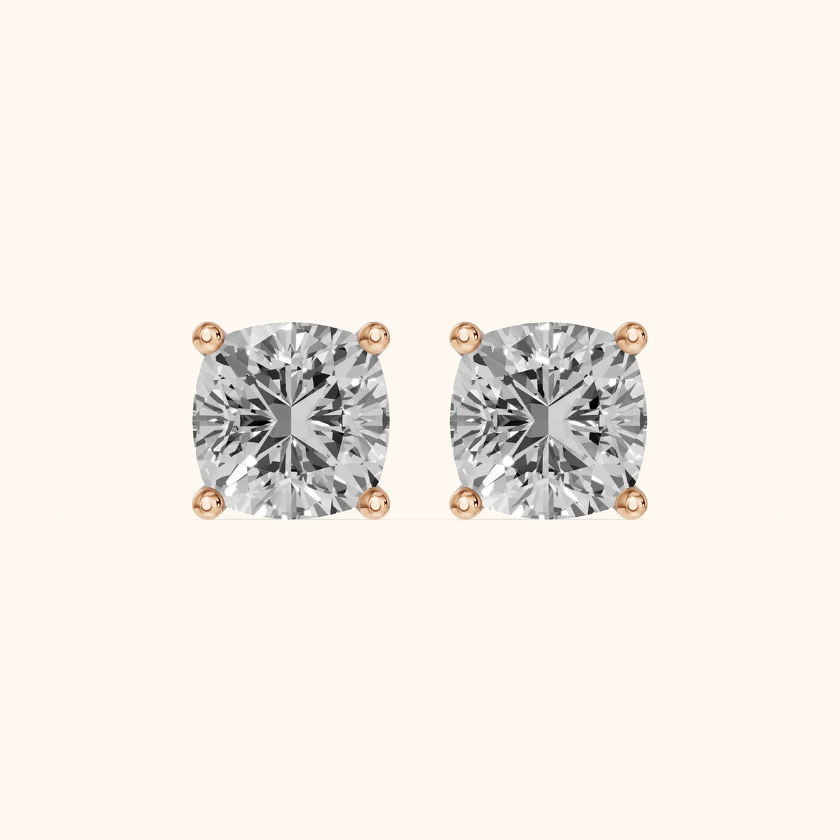 Four Prong Cushion Diamond Stud Earrings in Rose Gold - 3D view 2