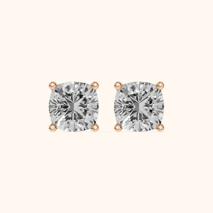 Four Prong Cushion Diamond Stud Earrings in Rose Gold - 3D view 2