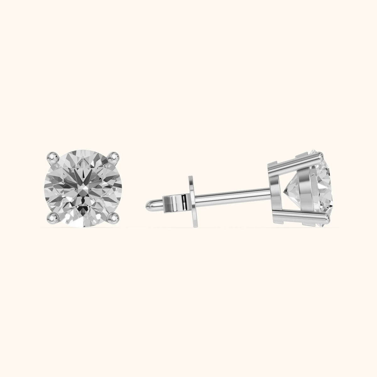 Four Prong Round Diamond Stud Earrings in White Gold - 3D view 3