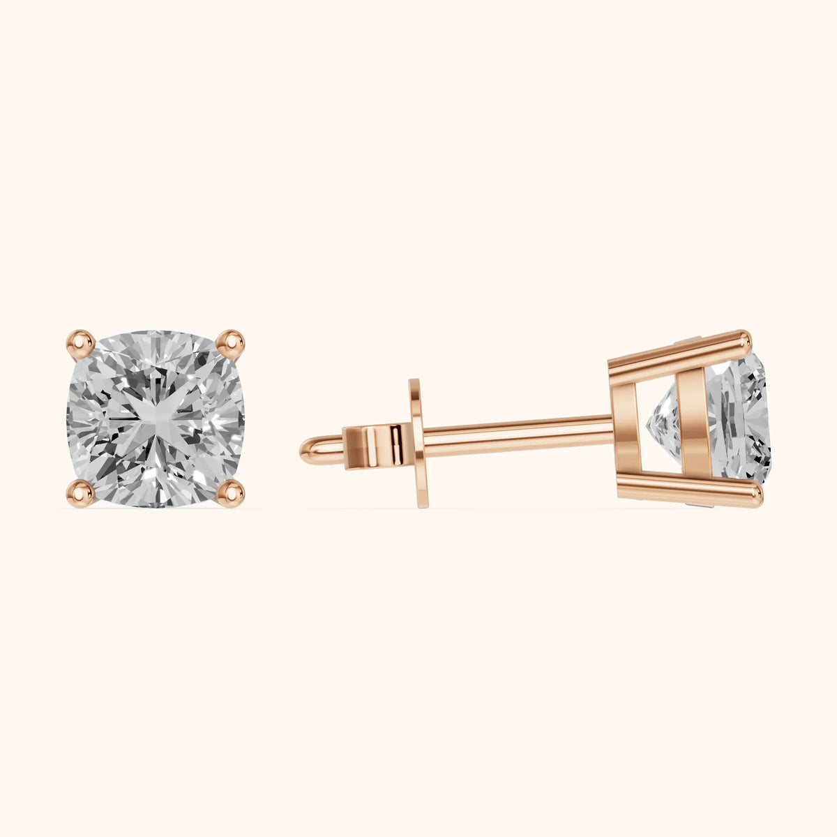 Four Prong Cushion Diamond Stud Earrings in Rose Gold - 3D view 3