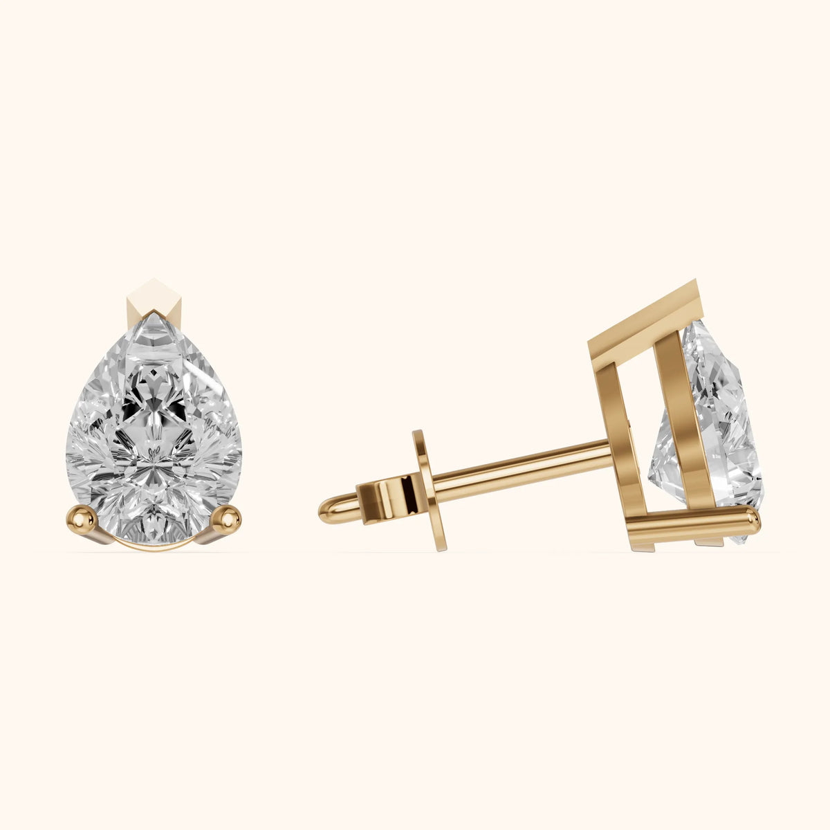 Four Prong Pear Diamond Stud Earrings in Yellow Gold - 3D view 3