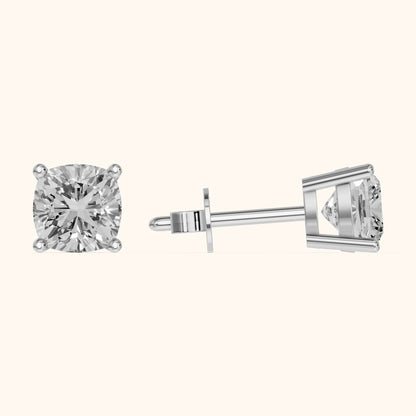 Four Prong Cushion Diamond Stud Earrings in White Gold - 3D view 3
