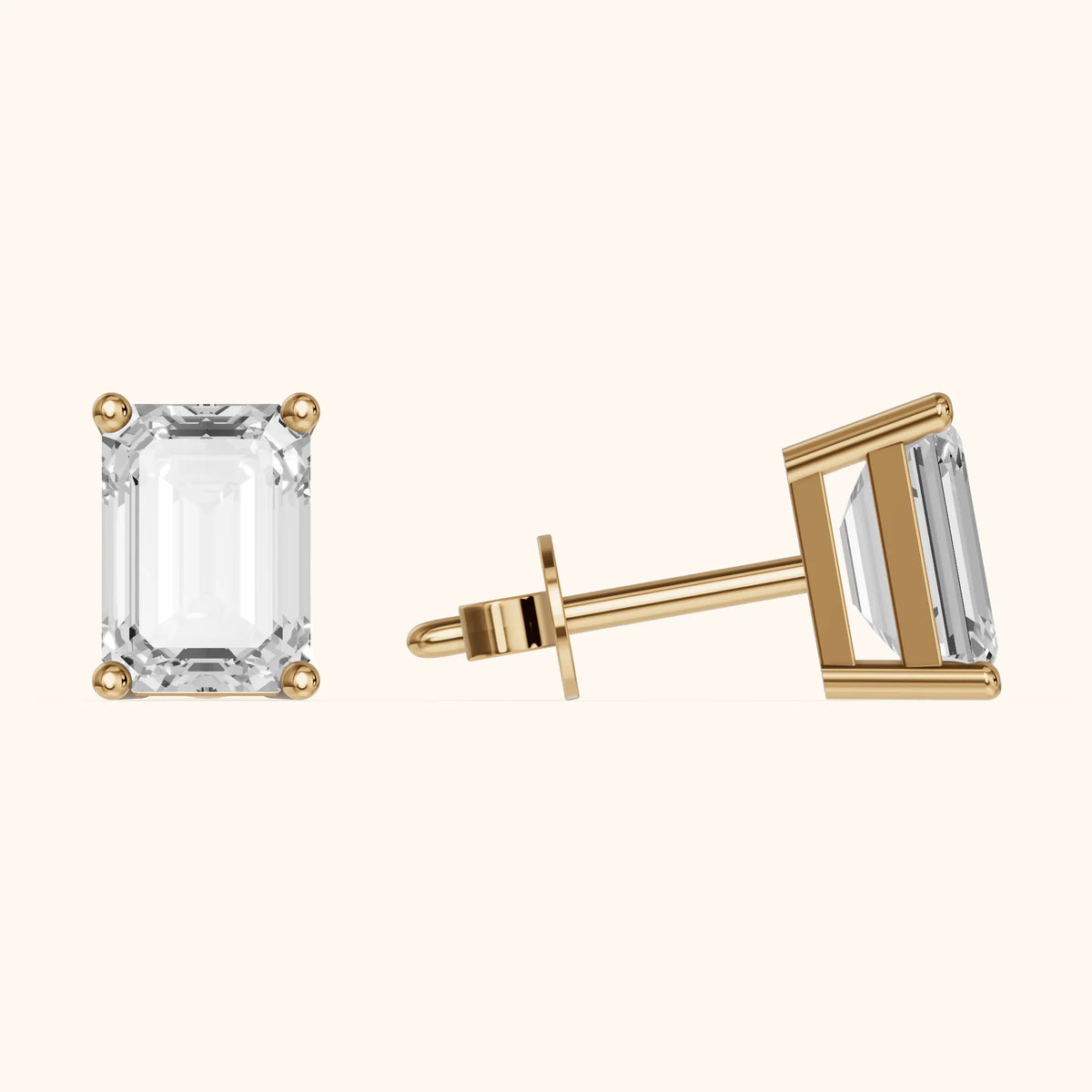 Four Prong Emerald Diamond Stud Earrings in Yellow Gold - 3D view 3