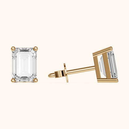 Four Prong Emerald Diamond Stud Earrings in Yellow Gold - 3D view 3