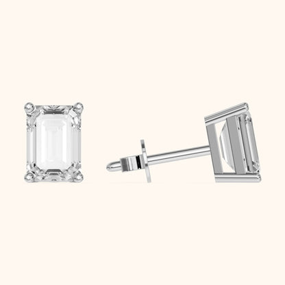 Four Prong Emerald Diamond Stud Earrings in White Gold - 3D view 3