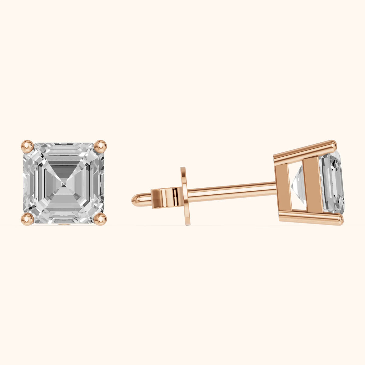 Four Prong Asscher Diamond Stud Earrings in Rose Gold - 3D view 3