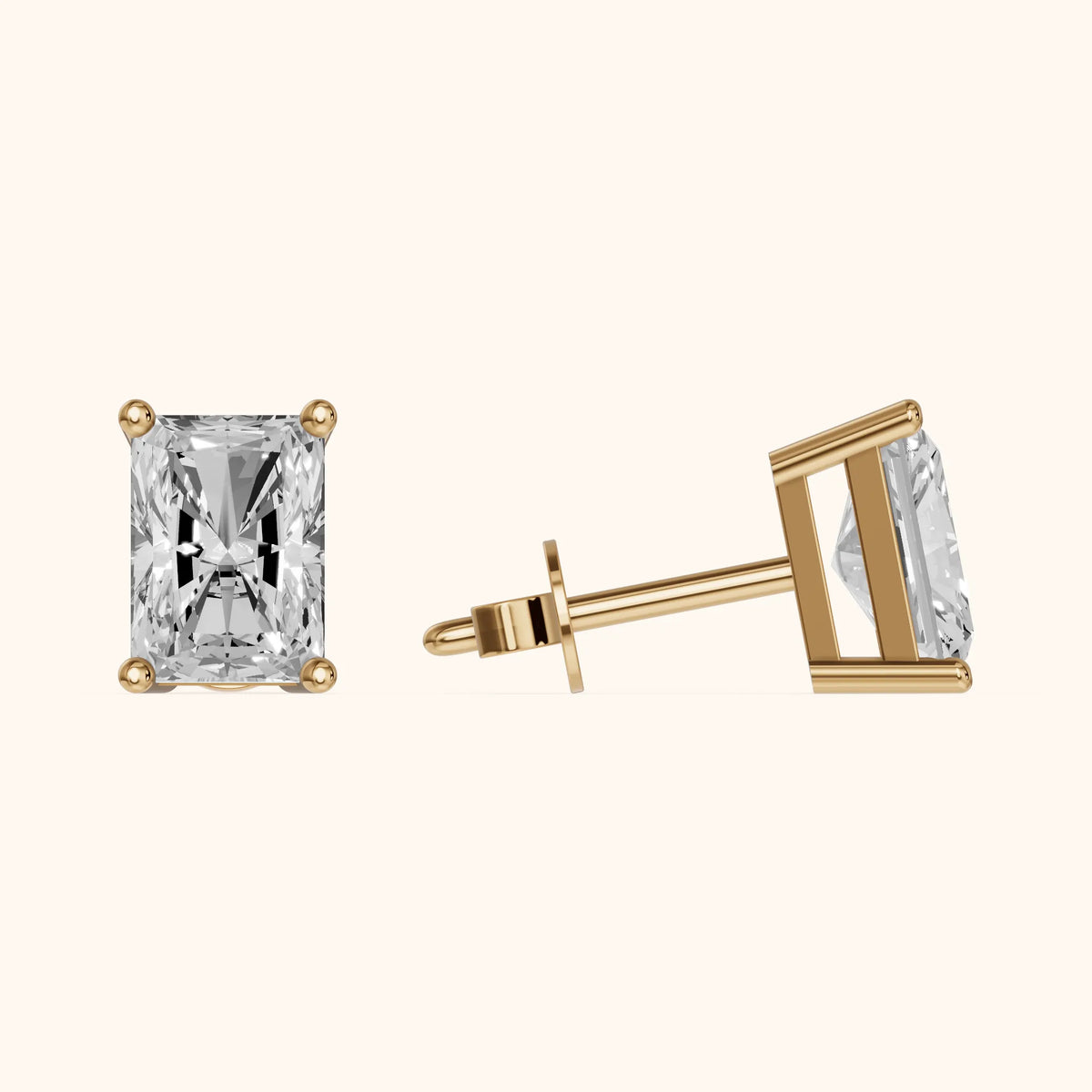 Four Prong Radiant Diamond Stud Earrings in Yellow Gold - 3D view 3