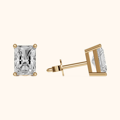 Four Prong Radiant Diamond Stud Earrings in Yellow Gold - 3D view 3