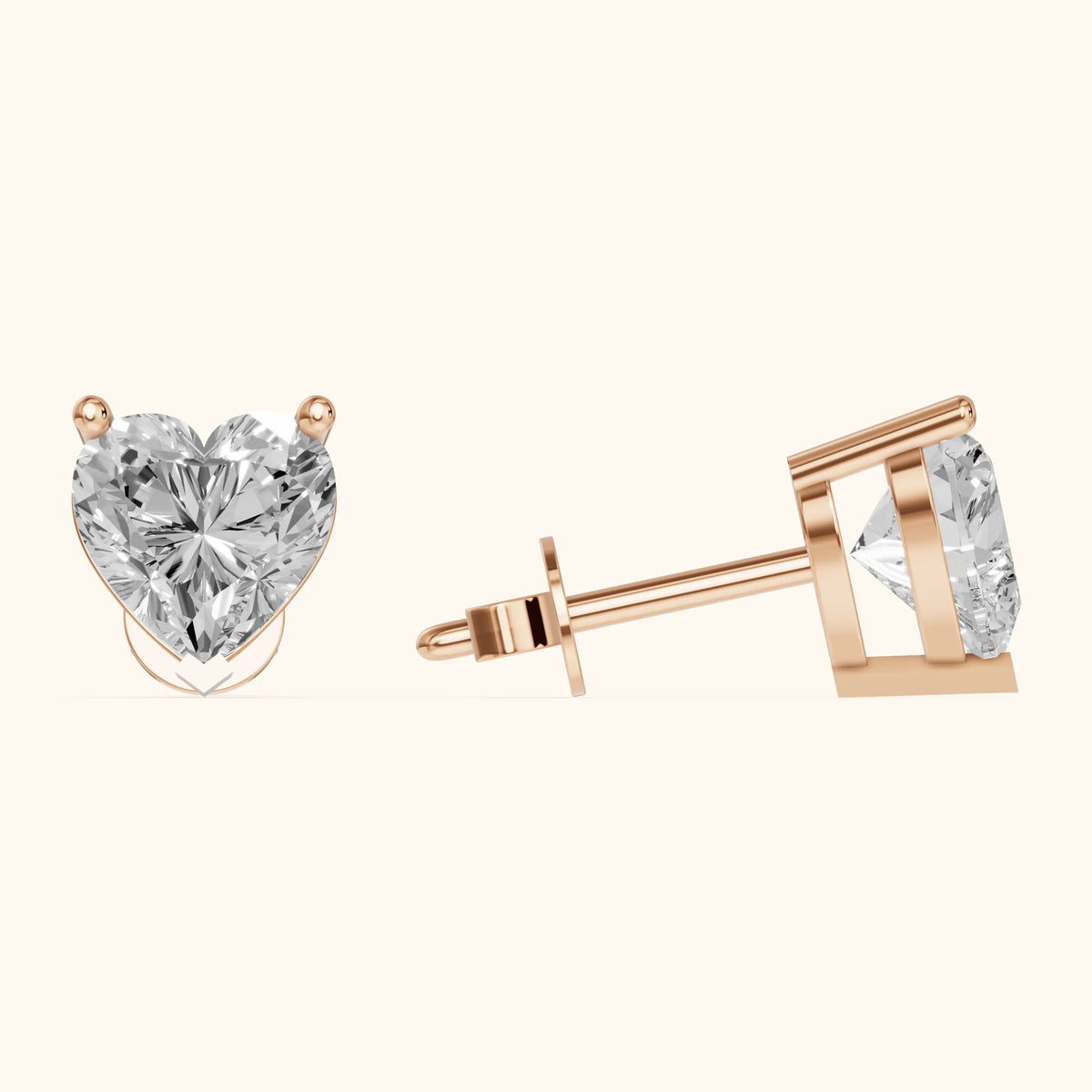 Four Prong Heart Diamond Stud Earrings in Rose Gold - 3D view 3