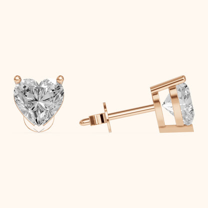 Four Prong Heart Diamond Stud Earrings in Rose Gold - 3D view 3