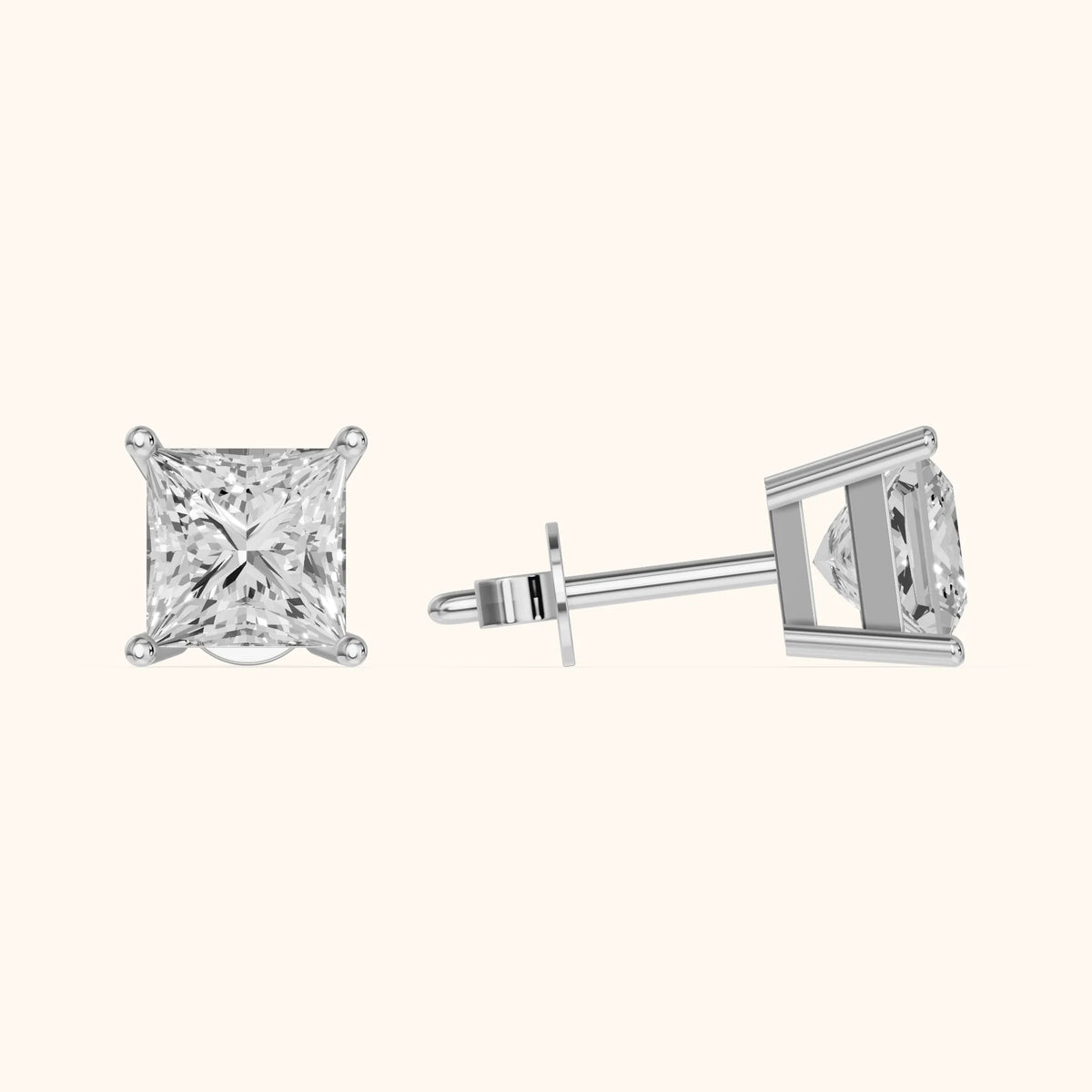 Four Prong Princess Diamond Stud Earrings in White Gold - 3D view 3