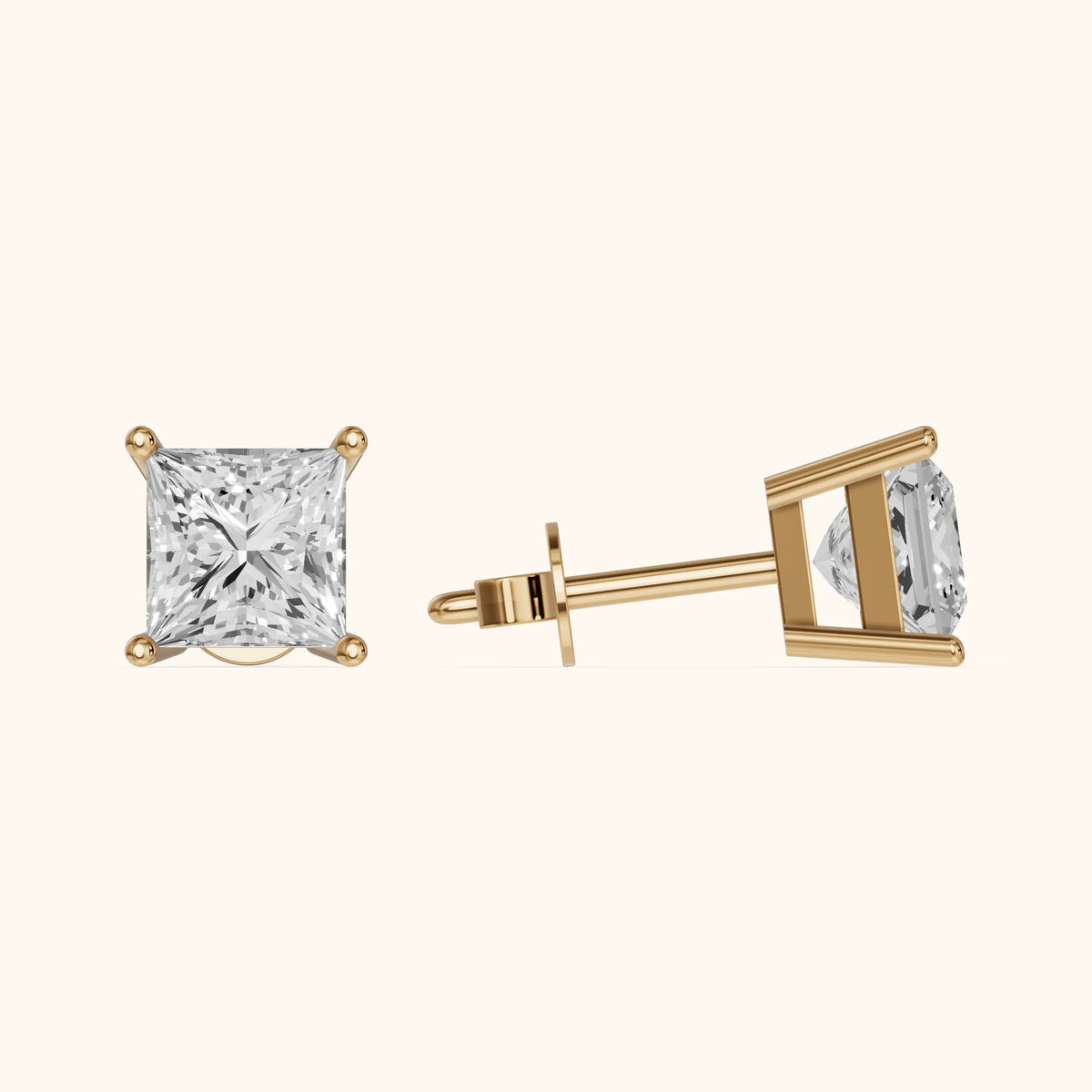 Four Prong Princess Diamond Stud Earrings in Yellow Gold - 3D view 3