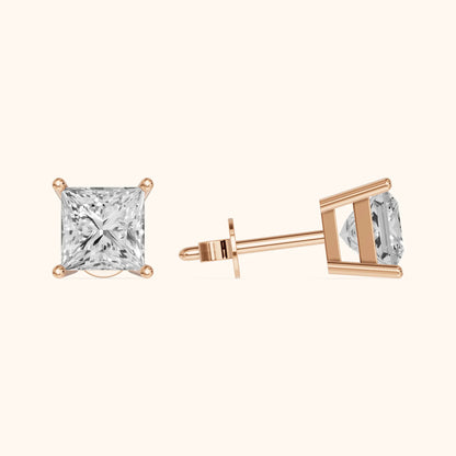 Four Prong Princess Diamond Stud Earrings in Rose Gold - 3D view 3