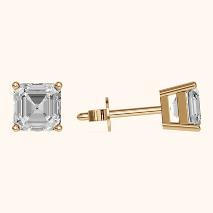 Four Prong Asscher Diamond Stud Earrings in Yellow Gold - 3D view 3
