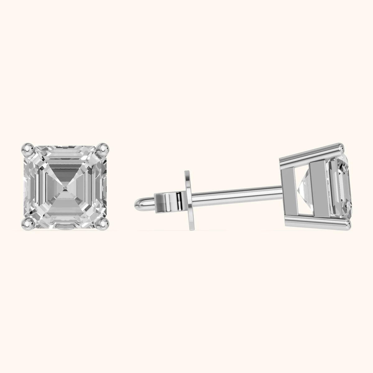 Four Prong Asscher Diamond Stud Earrings in Silver - 3D view 3