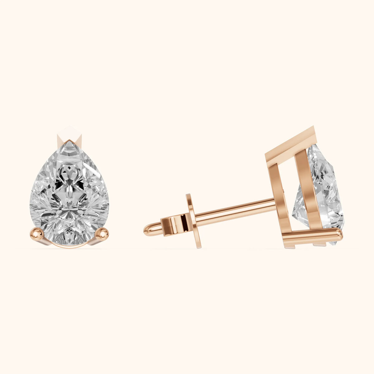 Four Prong Pear Diamond Stud Earrings in Rose Gold - 3D view 3