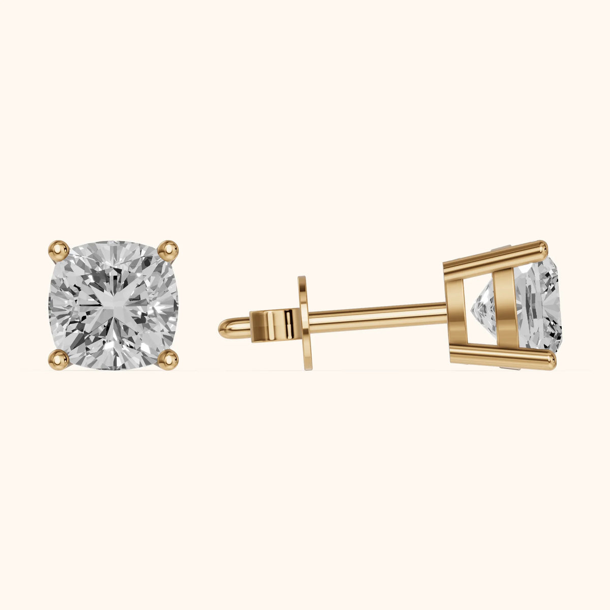 Four Prong Cushion Diamond Stud Earrings in Yellow Gold - 3D view 3